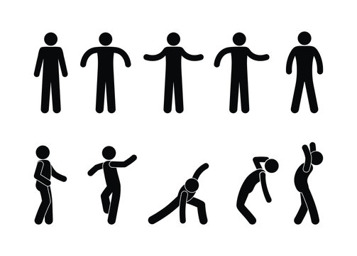 Stick figure man standing. Black cut out people human silhouette, different poses vector icon pictogram set.