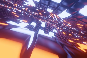 Abstract 3D space background with a perspective of metal cubes and bright elements of light.