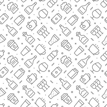 Beverages related seamless pattern with outline icons