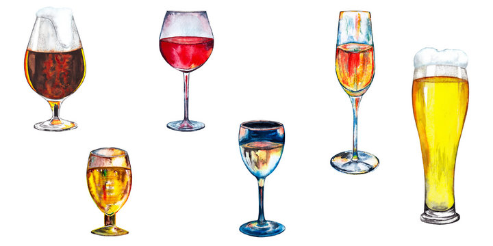 Set of alcohol drinks in glasses. Red, white, rose, liquor wines. Dark and light beer. Watercolor hand painted elements isolated on white background.
