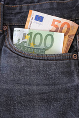 Euro money cask banknote in the pocket of the jeans