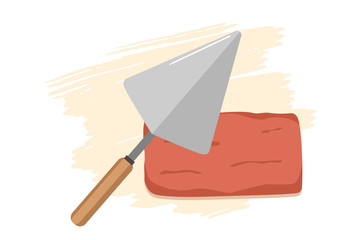 Red brick and Vector flat style hand trowel icon isolated without background, metal blade for building, masonry work, equipment for laying bricks for icon, logo, poster, banner