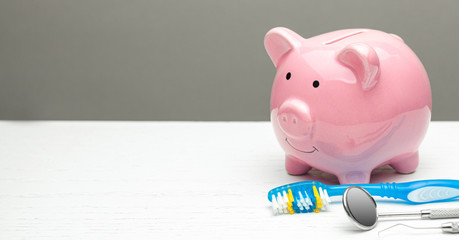 Pink piggy bank and dental tools with a toothbrush on a gray background. The concept of how to save...