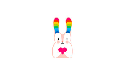 a rabbit with big ears holds a heart in his hands. rabbit with colorful ears, ears in the form of a rainbow. heart in the palms. - vector