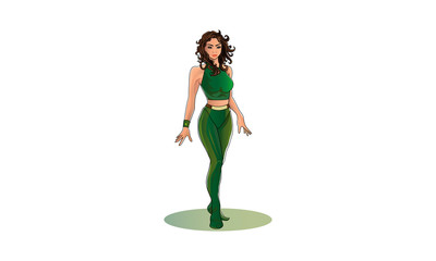 girl superhero in a green suit. girl with curly hair. - vector
