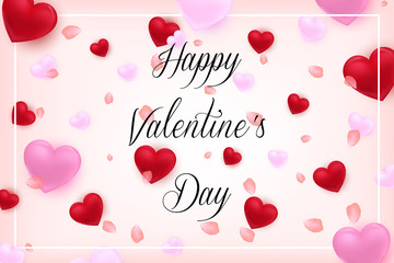 Valentine's day background with red, pink hearts and rose petal. Template for your Valentines day design. Vector illustration.