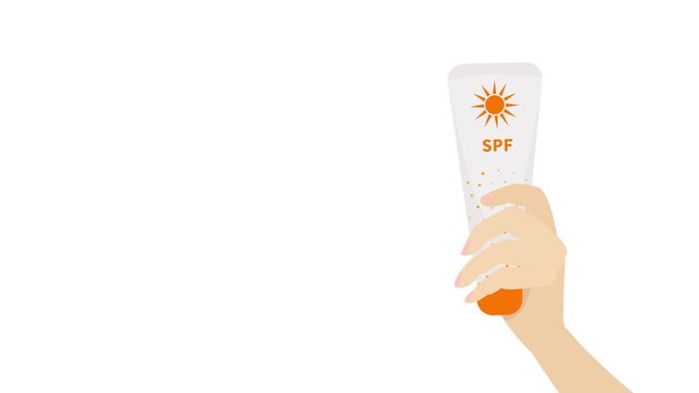 UV SPF skin protection motion graphics. Cartoon animation of hand holding sunblock bottle. Summer sunscreen cosmetic creams. Skincare concept. Lotion against ultraviolet rays radiation.