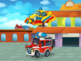 cartoon scene with car vehicle on the road near the garage or repair station - illustration for children