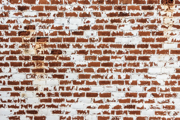 Background of old grunge brick wall texture with peeling plaster.