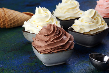 soft ice cream in flavor vanilla, chocolate and strawberry. Delicous creamy refreshing ice cream