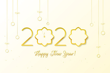 Happy New Year 2020. Gold Numbers Design of greeting card on a white background with clock Happy New Year Banner with 2020 Numbers with Christmas Baubles.