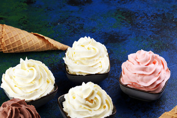 soft ice cream in flavor vanilla, chocolate and strawberry. Delicous creamy refreshing ice cream