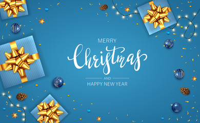 Decorations with Gifts and Christmas Balls on Blue Background