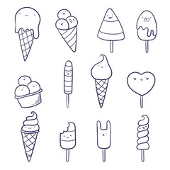Set of cute kawaii ice cream in doodle style. Various ice cream in waffle. Easy to change colors inside of objects.