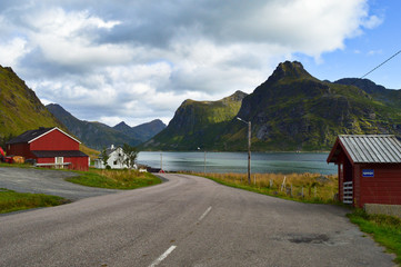 Hitchhiking on the road on the Lofoten Islands in Norway