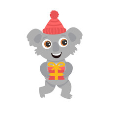 Naklejka premium Cute Australian koala wombat with big eyes in a hat with a gift smiles and dances. New Year flat vector cartoon illustration.