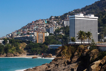 RIO DE JANEIRO, BRAZIL - JULY 22, 2019: View of the expensive luxury hotel Sheraton on the Atlantic Ocean on the famous Ipanema Beach