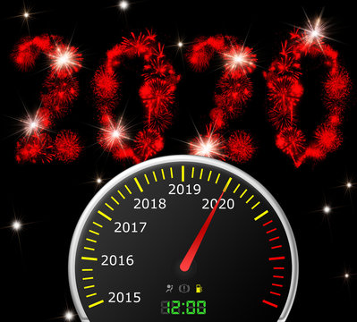 2020 Happy New Year concept. 2020 on a car speedometer scale. Numbers are made of festive colorful fairy stars and sparkles in background. Celebration. Holidays. Illustration without reference