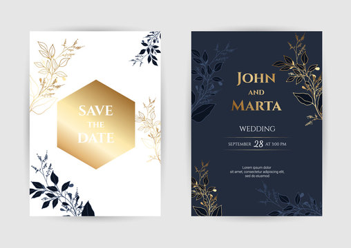 Wedding Invitation with Gold Flowers. background with geometric golden frame. Cover design with an ornament of golden leaves.Trendy templates for banner, flyer, poster, greeting. eps10