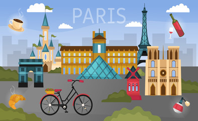 Panorama of top world famous landmark of Paris, France for travel poster and postcard. Flat style. Vector illustration