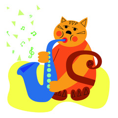 Fototapeta premium Cat plays on saxophone vector illustration. Hand drawn cartoon style.