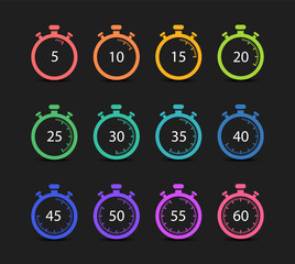 Set of timers and stopwatchs. 5,10,15,20,25,30,35,40,45,50,55,60 minutes.