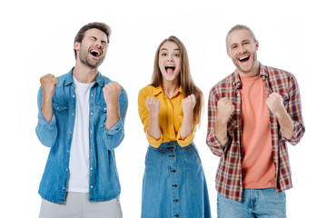 happy young friends showing yes gesture isolated on white