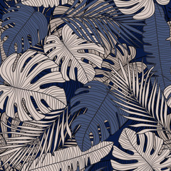 Seamless pattern with dark monstera line leaves. Tropical pattern, botanical leaf wallpaper. Exotic design for fabric, textile print, wrapping paper. Vector illustration © smth.design