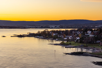 Oslofjord and Oslo cityscape at sunset, Norway