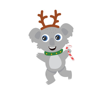Cute Australian koala wombat with big eyes in a deer costume with a lollipop smiles and dances. New Year flat vector cartoon illustration.