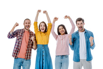 Obraz premium happy multicultural friends showing yeah gesture isolated on white