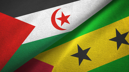 Fototapeta premium Western Sahara and Sao Tome and Principe two flags textile cloth, fabric texture