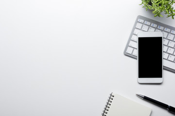 Office desk table with supplies. Flat lay Business workplace and objects. Top view. Copy space for text