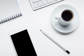 Office desk table with supplies. Flat lay Business workplace and objects. Top view. Copy space for text