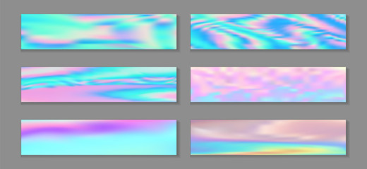 Holography cool banner horizontal fluid gradient mermaid backgrounds vector collection. Foil neon 