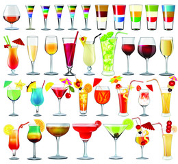 Illustration of a set of different bar glasses with wine and different cocktails decorated with fruit tubes and umbrellas.