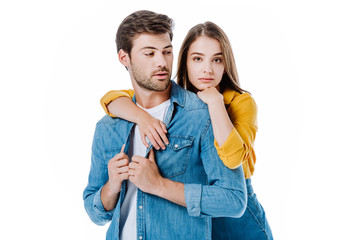 sad beautiful girl hugging boyfriend isolated on white