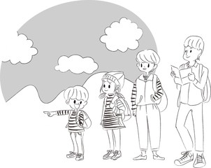 旅行、山登りにきた家族のイラスト　モノクロ