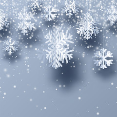 Fototapeta na wymiar Winter square silver background with white paper kirigami snowflakes.