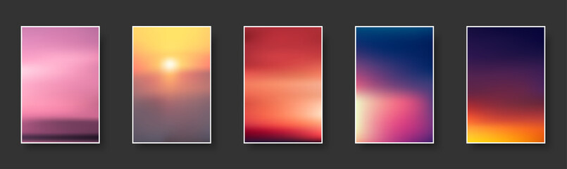 Set of colorful sunset and sunrise sea. Blurred modern gradient mesh background paper cards.