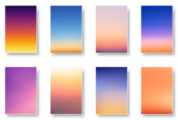 Set of colorful sunset and sunrise sea. Blurred modern gradient mesh background paper cards. - obrazy, fototapety, plakaty
