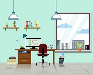 Office workplace with table, bookcase, window with house plant. Modern computer, table shelves, lamp and all office table staff for work. Flat vector illustration.