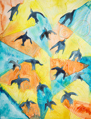 Bird flock in the heavenly sky. The dabbing technique near the edges gives a soft focus effect due to the altered surface roughness of the paper.
