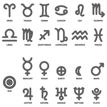 Zodiac signs, symbols of the planets of the solar system, icon set. Vector illustration.Vector illustration.