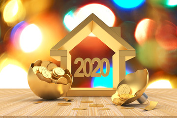 Golden house icon with the number 2020 inside and a broken christmas ball full of coins against the background of blurry bokeh lights. 3D illustration    