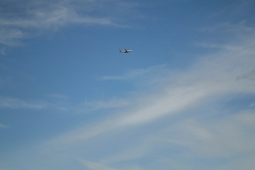 the plane flies high in the sky