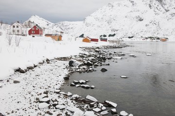 Village in coastal landscape Skjelfjord Flakstadoya Loftofen Norway © MDBPIXS