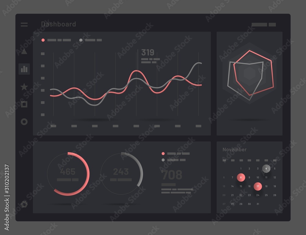 Poster web app dashboard ui and ux kit. elements of infographics on a black background. use in presentation