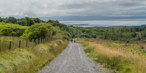 People walking on dirt road passing through field, Grange, County Sligo, Ireland