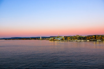 Oslofjord and Oslo skyline at sunrise, Norway
